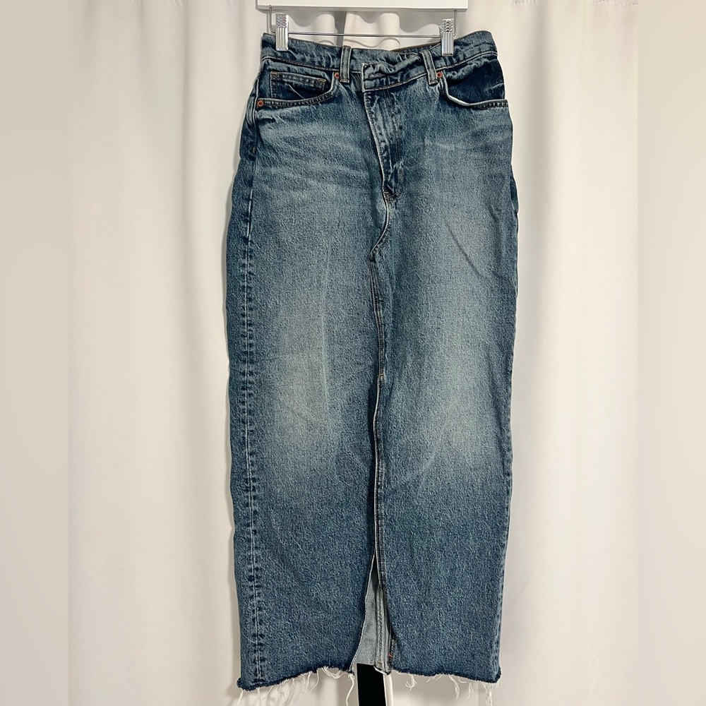 Reformation Nila Long Denim Skirt Crossover Waist Raw Hem